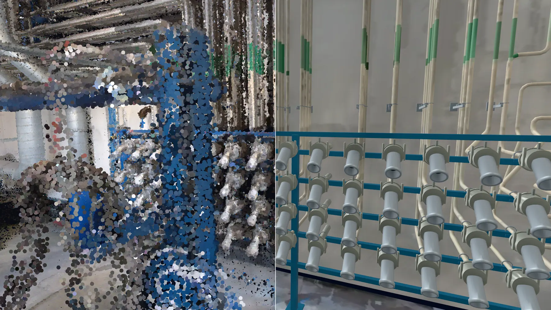 Pipework on a factory wall: the raw LiDAR scan on the left, the clean model on the right