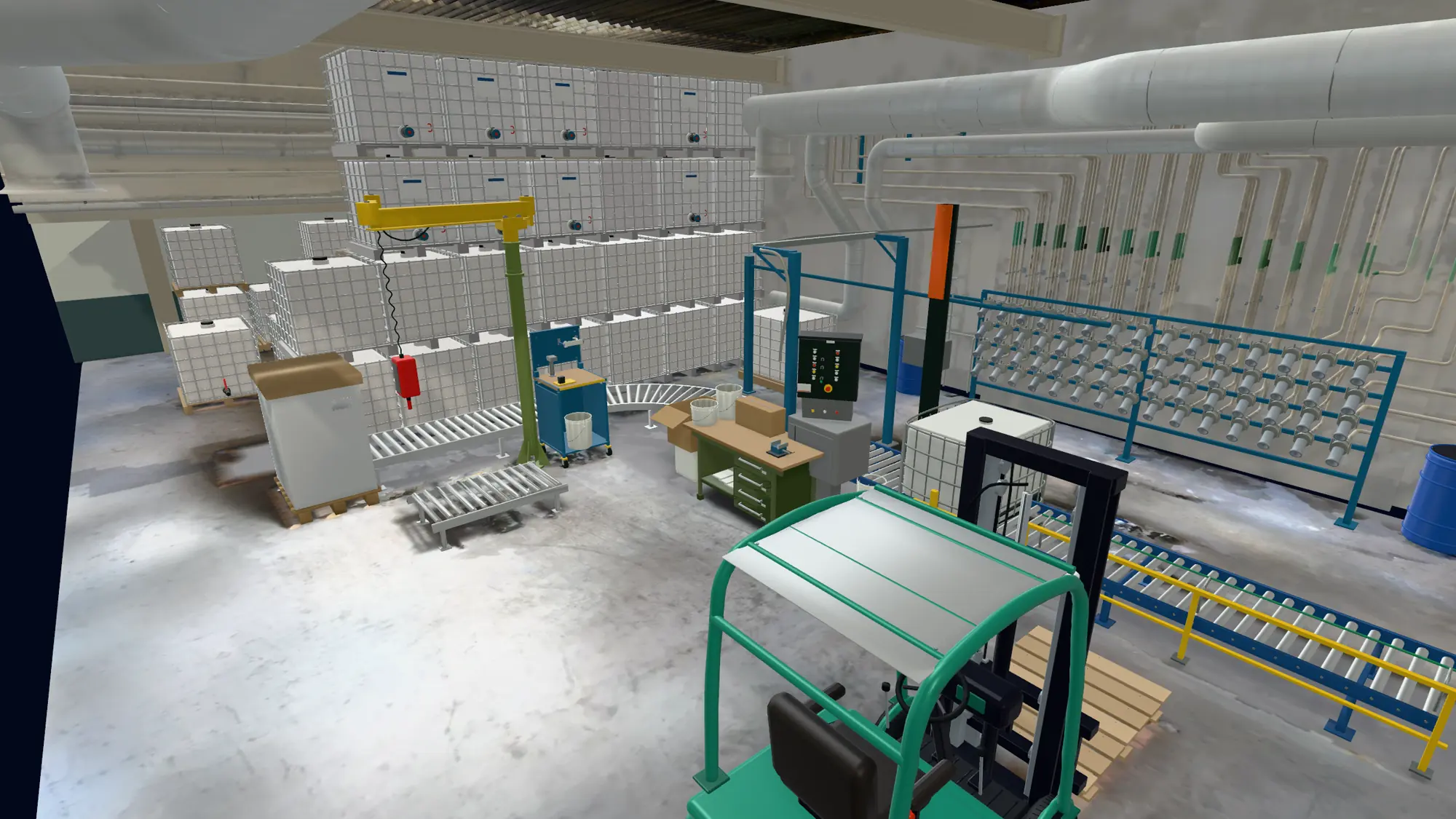 A factory floor rebuilt by Moving Atoms from a mobile LiDAR scan: workbench, conveyors, jib crane, forklift and pipework as separate, measured objects