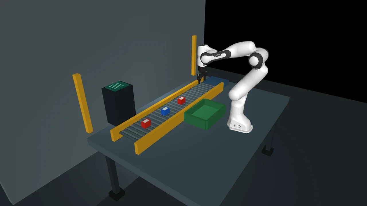 Factory cell with a moving conveyor, parts, a robot arm and an inspection tray