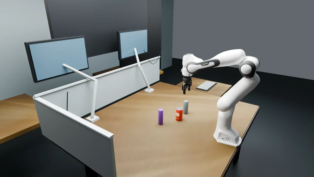 Office desk reconstruction with a Franka Panda arm, a red can and a purple cylinder
