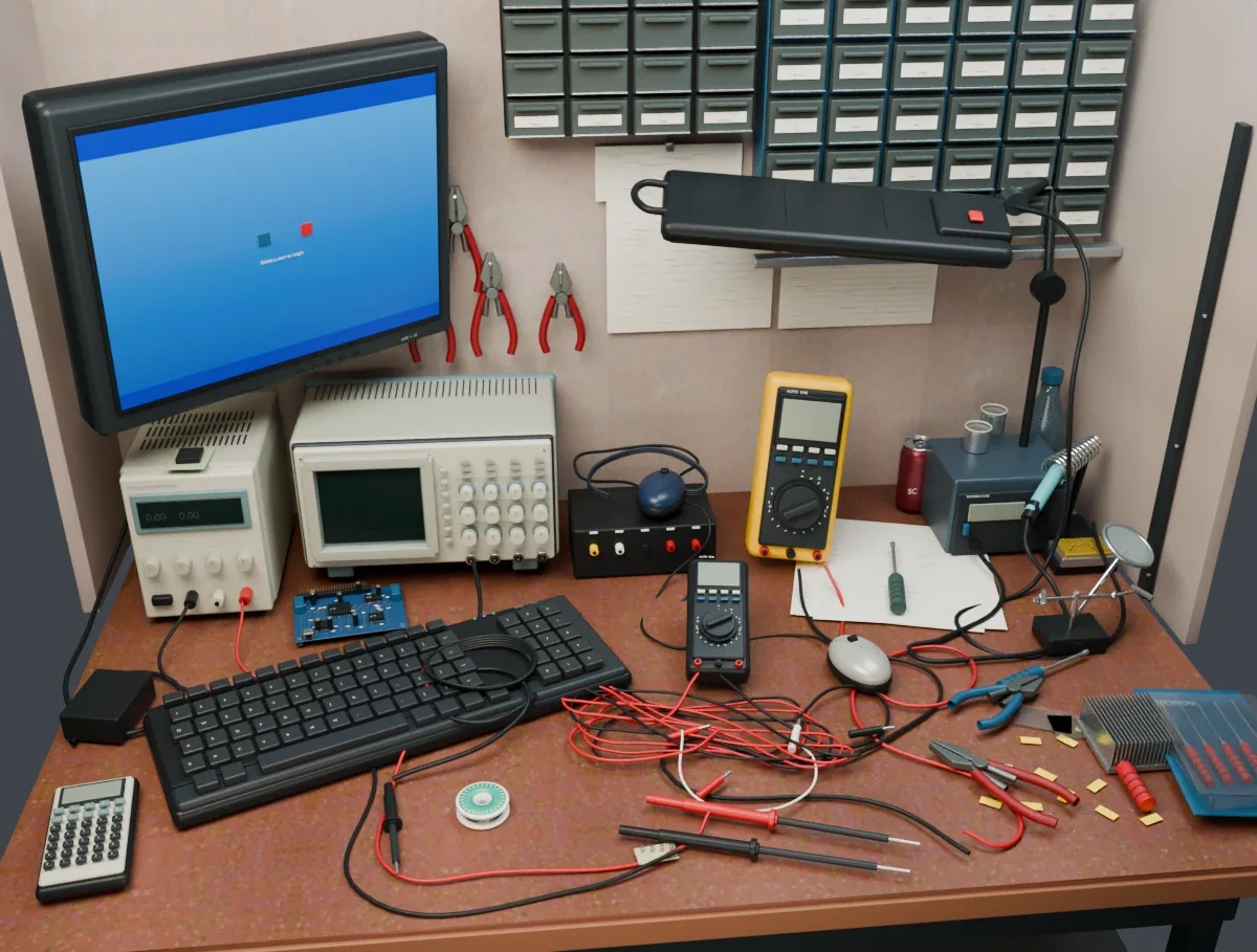 Rebuilt 3D scene: an electronics workbench with instruments and tools